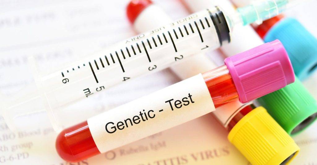 Sample of blood in an EDTA tube. Label reads: Genetic - test