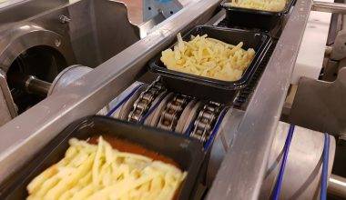 Factory machine processing packages of food