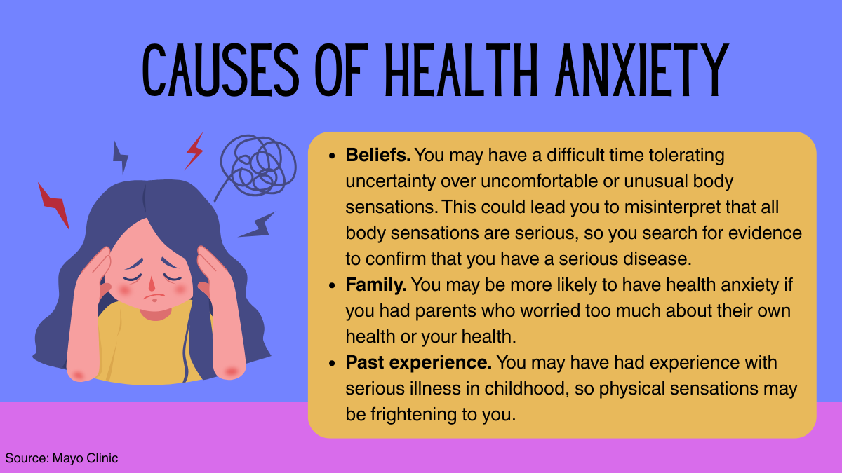 Causes of health anxiety: Beliefs. You may have a difficult time tolerating uncertainty over uncomfortable or unusual body sensations. This could lead you to misinterpret that all body sensations are serious, so you search for evidence to confirm that you have a serious disease.
Family. You may be more likely to have health anxiety if you had parents who worried too much about their own health or your health.
Past experience. You may have had experience with serious illness in childhood, so physical sensations may be frightening to you.